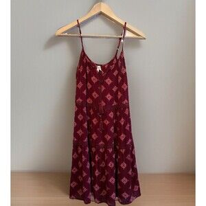 Mudd Boho Sundress Small Maroon Floral Print Tiered Tassel Adjustable Straps